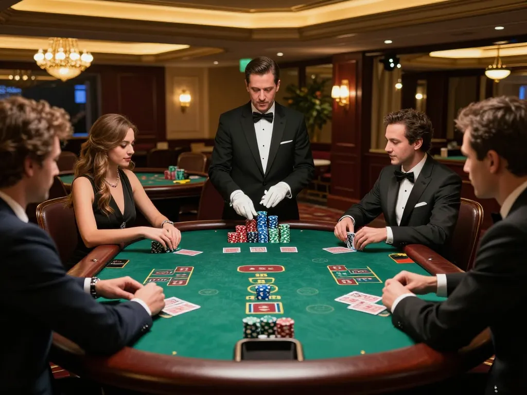 High-stakes blackjack table scene at nhà cái fly88 featuring engaged players and a dealer in an upscale atmosphere.