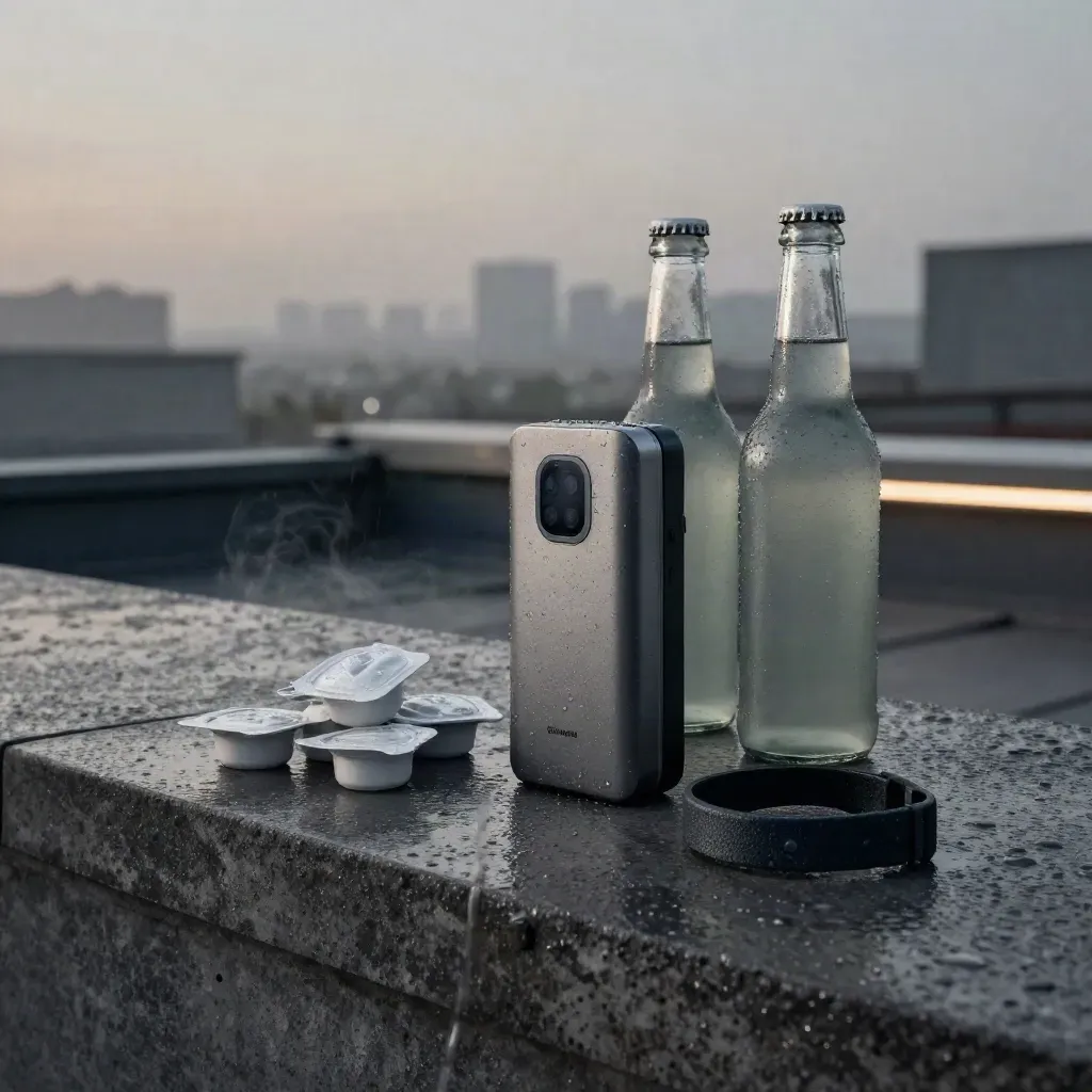 Graphite vape pod, fruit bottles, spare pods and wristband on wet rooftop at dusk.