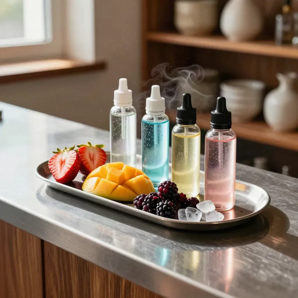 Fruit vape flavor tasting tray with bottles, berries, mango, ice, and condensation on a warm counter.