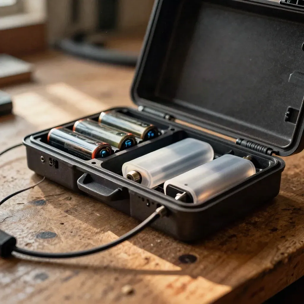 Close-up of vape battery safety gear on a workbench as a charger light glows.