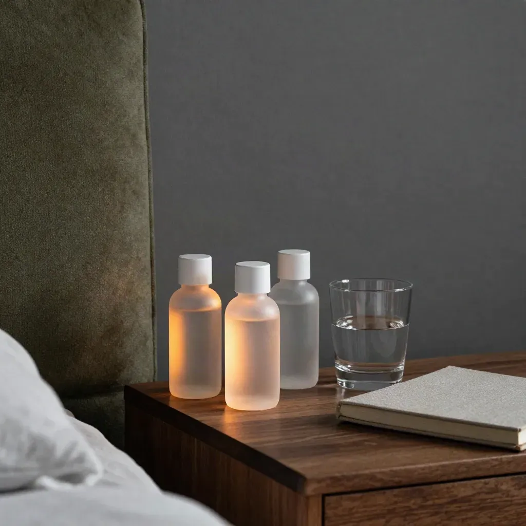 Nic-salt bottles, vape device, water glass, and notebook on a bedside table
