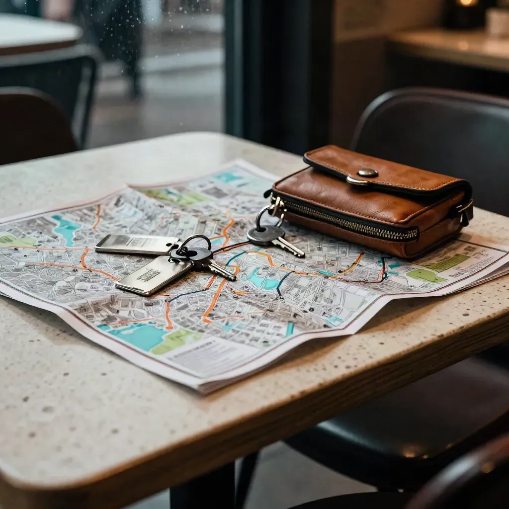 Late-night café table with folded city map, transit tokens, key ring and club pouch under moody light.
