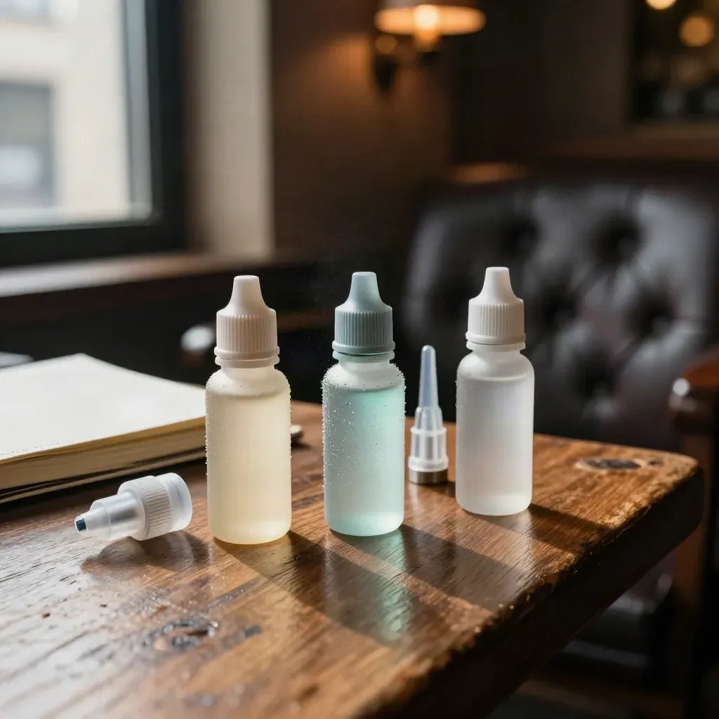 Three nic-salt bottles, refill tips, and a closed notebook beside a pen cap in a lamplit lounge.