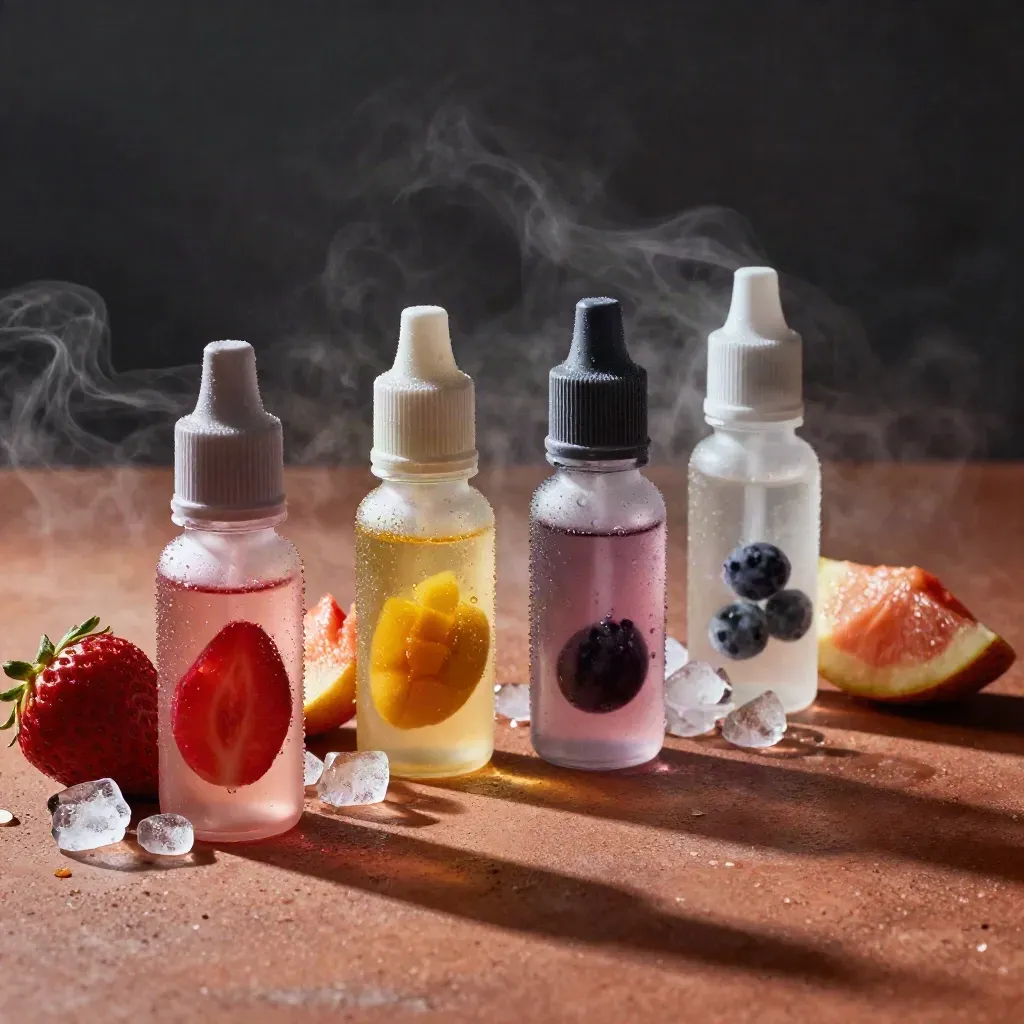 Frosted fruit vape flavor bottles with sliced strawberry, mango, berry and ice on a dim counter.