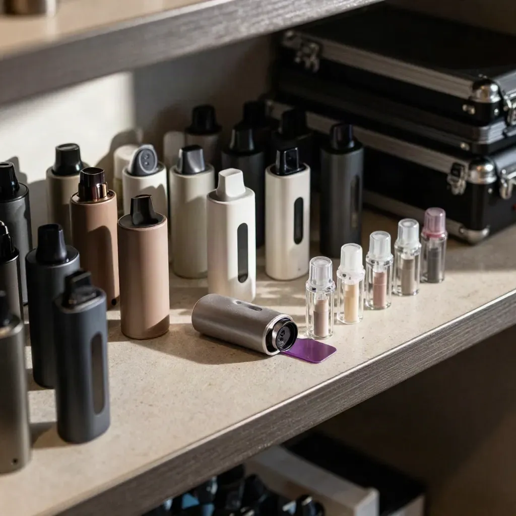 Vape device shells and pods sorted on a limestone shelf in soft daylight