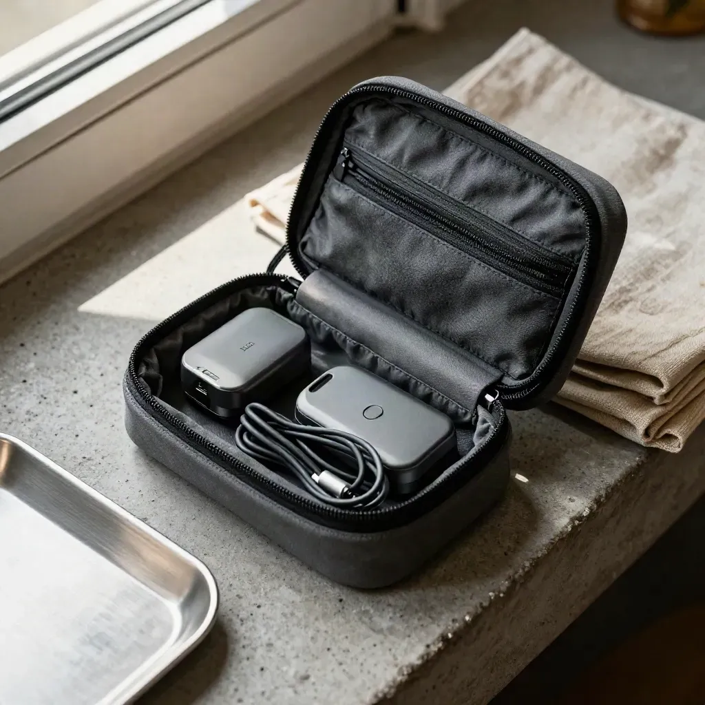Open travel pouch with pod devices, pods, and charging cable on concrete, lit by window light.