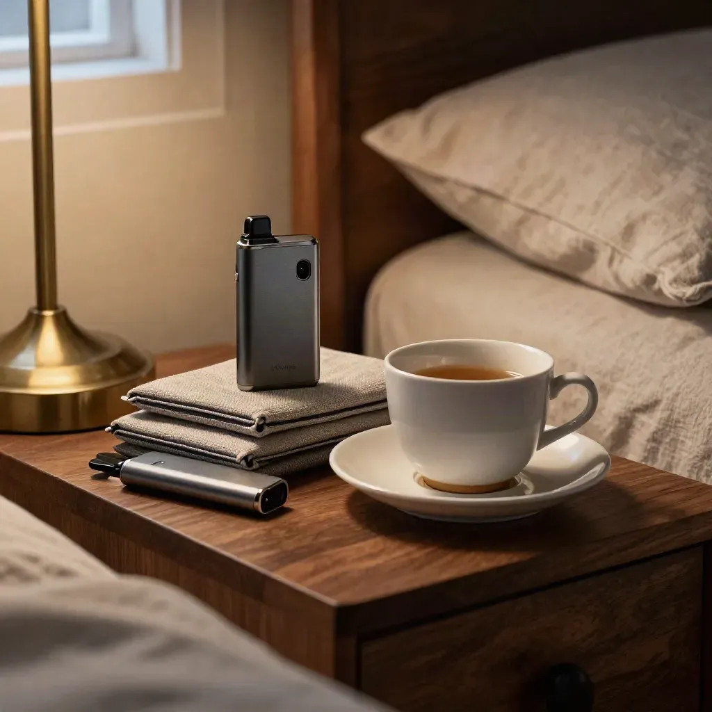 Bedside vape device, cup, and closed guides under a warm lamp in a quiet night room.