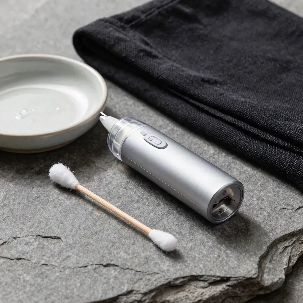 Pod kit with cartridge, swab, ceramic dish and cloth on stone, lit softly from above.