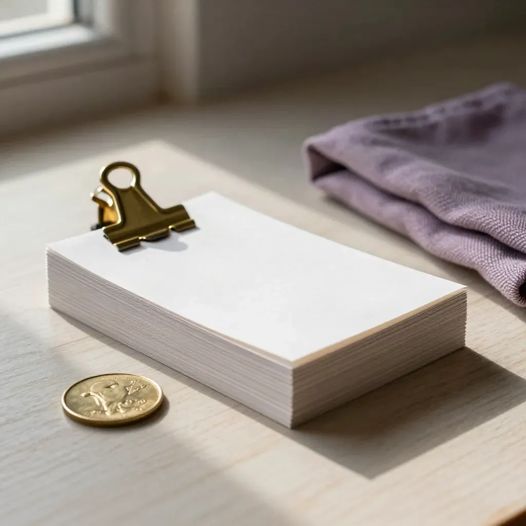 Voucher cards, brass clip, coin and folded cloth on pale wood under soft side light.