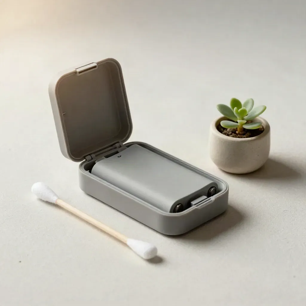 Open battery case with sleeve, spare cell, swab, and plant on a soft plaster sweep.