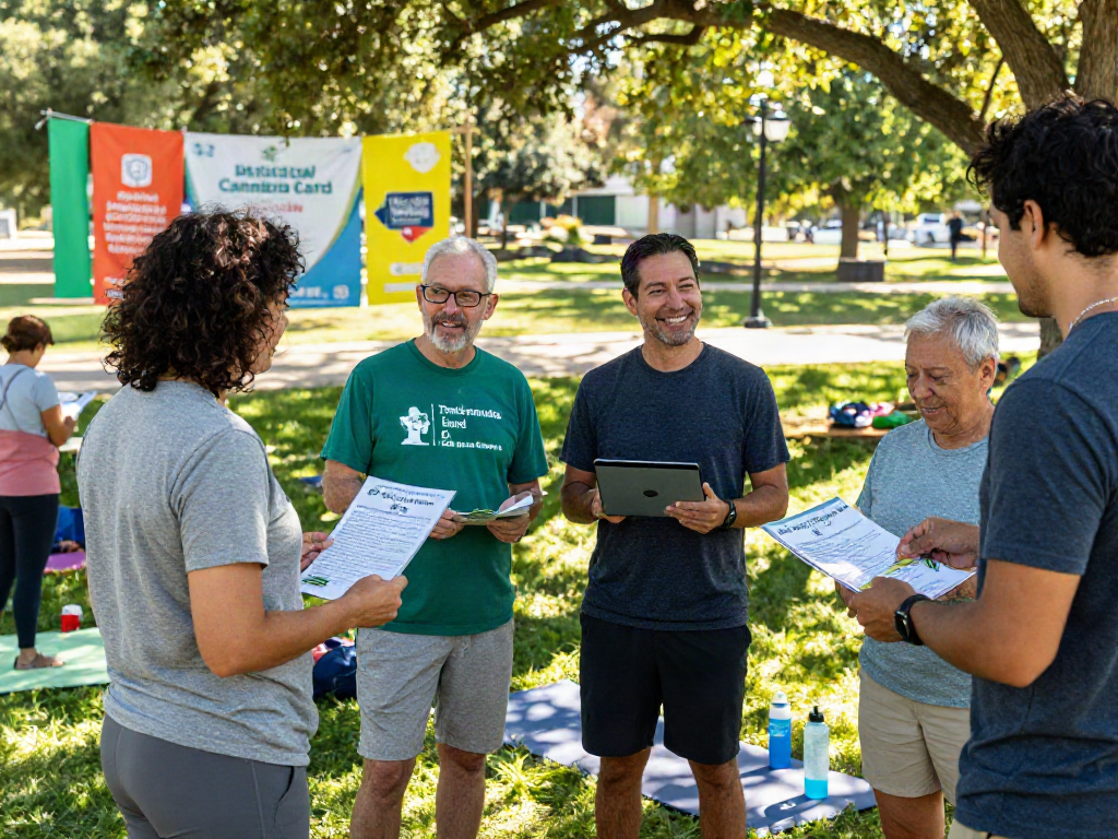 Individuals engaging in discussions about the Texas Medical Cannabis Card at an outdoor wellness event, showcasing community and health.