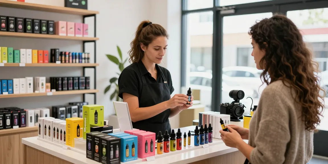 Premium THC vapes deutschland showcased in a modern cannabis shop with a friendly staff helping customers.