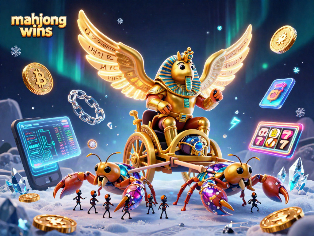 Experience mahjong wins with a vibrant casino scene featuring gold and blockchain elements.