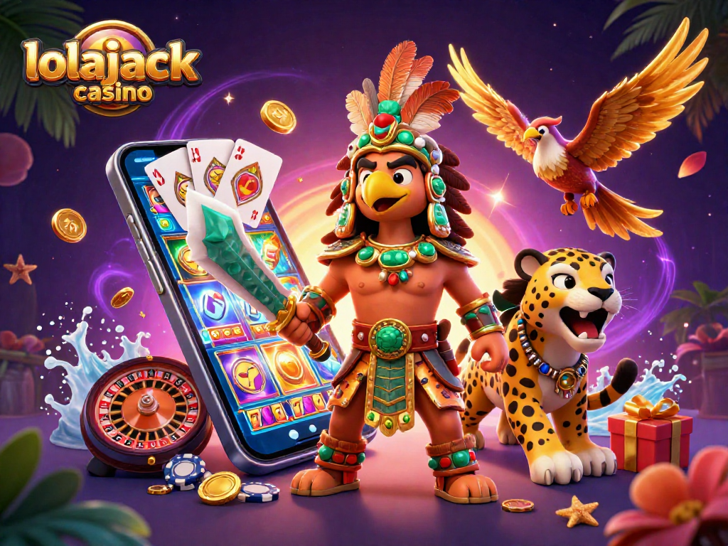 Experience the thrill of lolajack casino with our dynamic Aztec-inspired casino scene featuring colorful games.