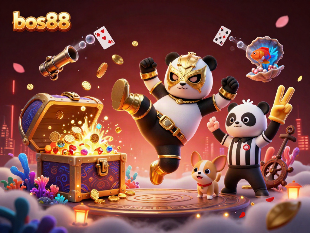 Menangkan permainan di bos88 dengan panda pegulat 3D beraksi di kasino penuh warna.