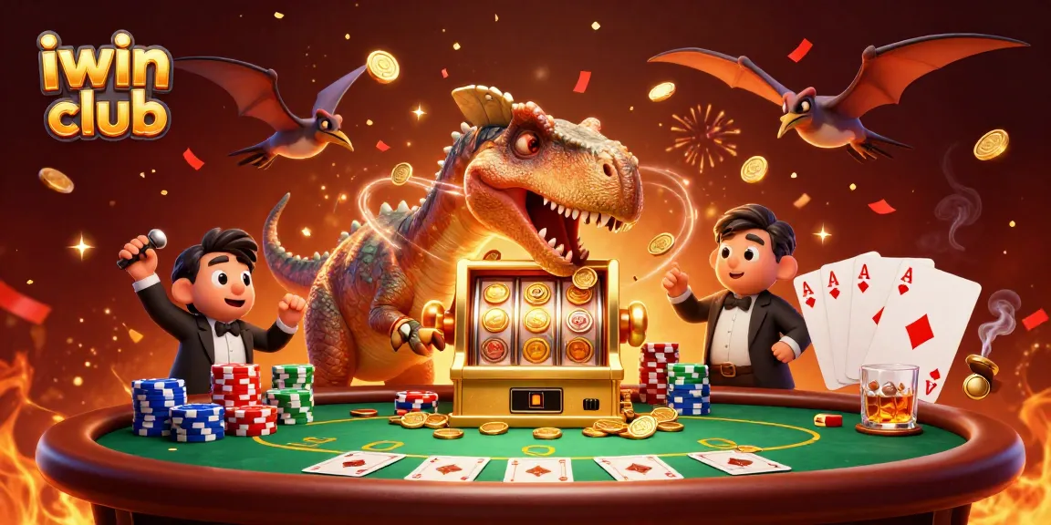 Win big at iwin club with a pachycephalosaurus hitting a slot machine, catching flying coins.