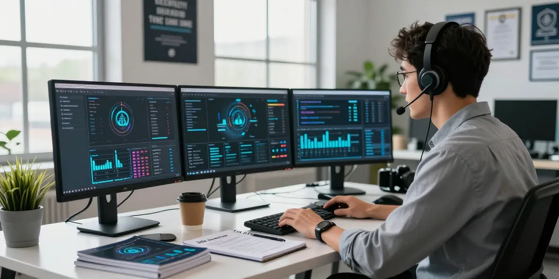 Cybersecurity engineer analyzing real-time data at https://shs-dome5.com/ workstation equipped with monitors and technical materials.