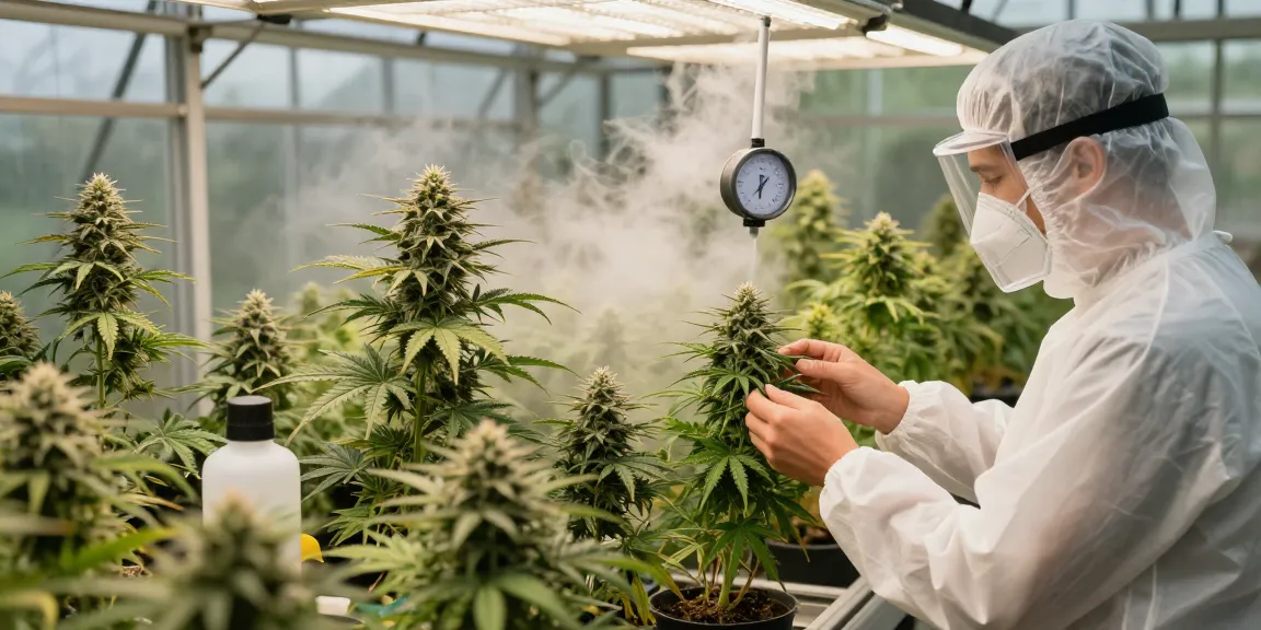 Grower examining regular cannabis genetics in a well-lit greenhouse.