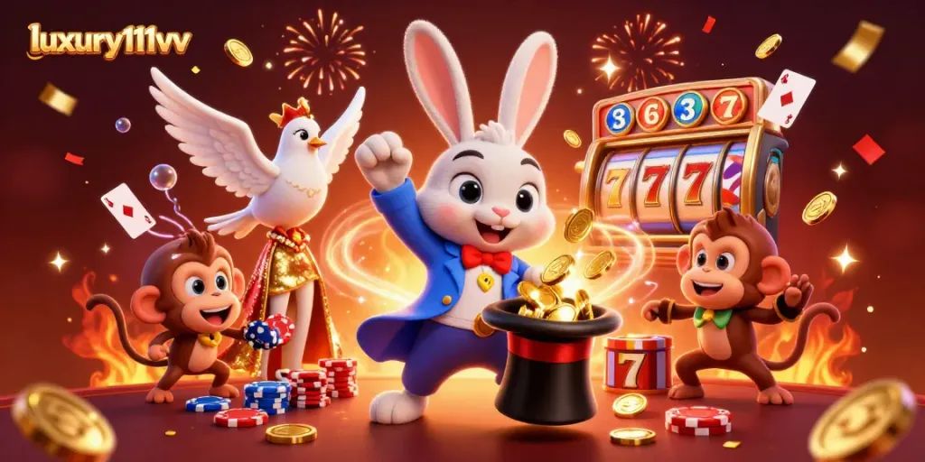 Penarikan koin emas secara magis oleh luxury111vv dalam acara kasino yang meriah dengan latar belakang penuh warna.