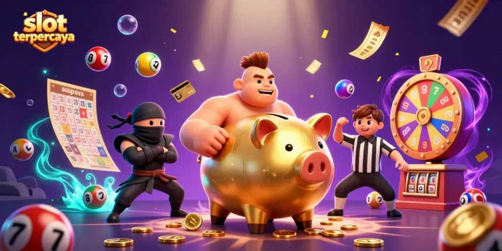 Menangkan slot terpercaya dengan ilustrasi penuh warna dan karakter yang dinamis dari piggy bank dan ninja.