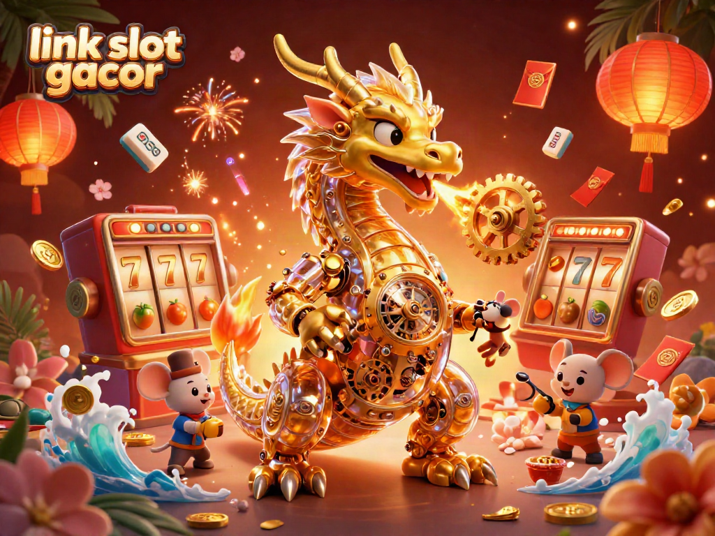 Menghadirkan link slot gacor dalam ilustrasi 3D dengan naga emas dan elemen slot untuk menarik perhatian pemain.