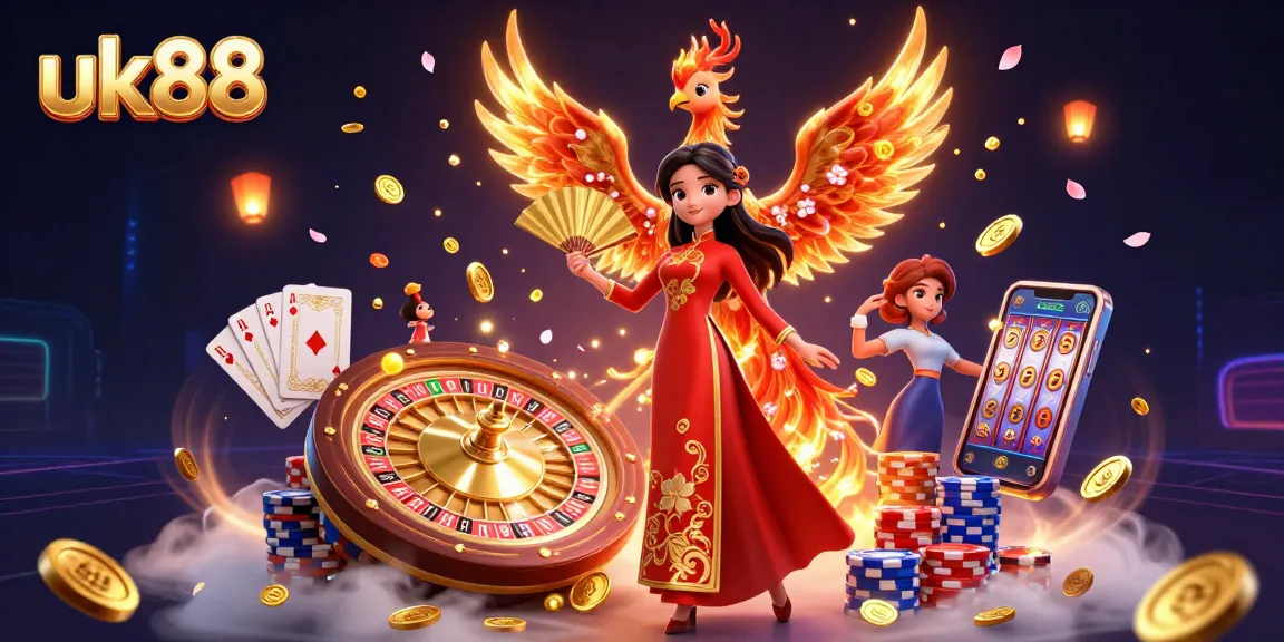 Win big at uk88 with a vibrant 3D casino scene featuring golden coins and popular slot games.