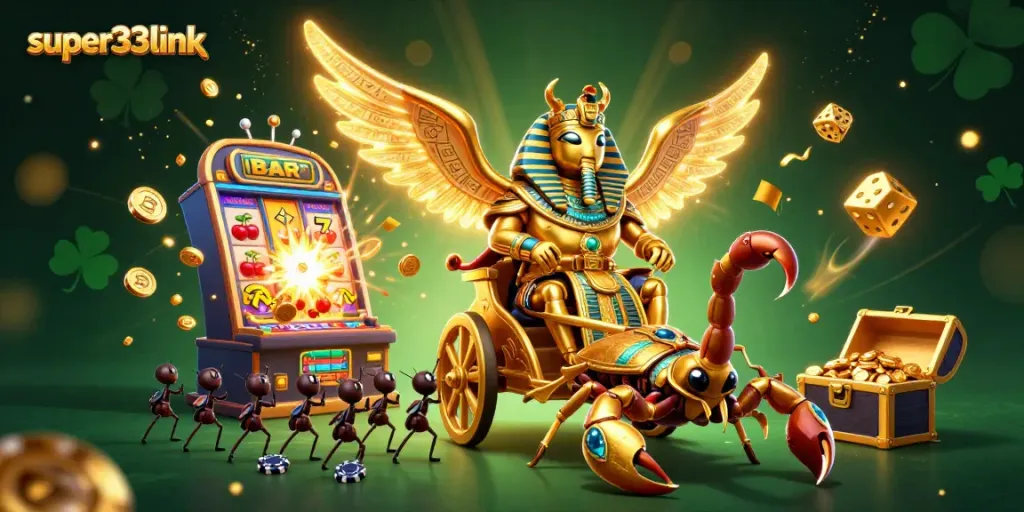 Engage with the super33link gaming world featuring a vibrant casino scene and a colossal scarab beetle hero.