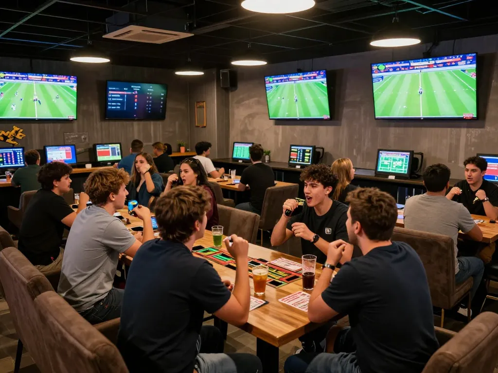 Fans engaging in sports betting at Nowgoal listening to game analysis while placing bets.