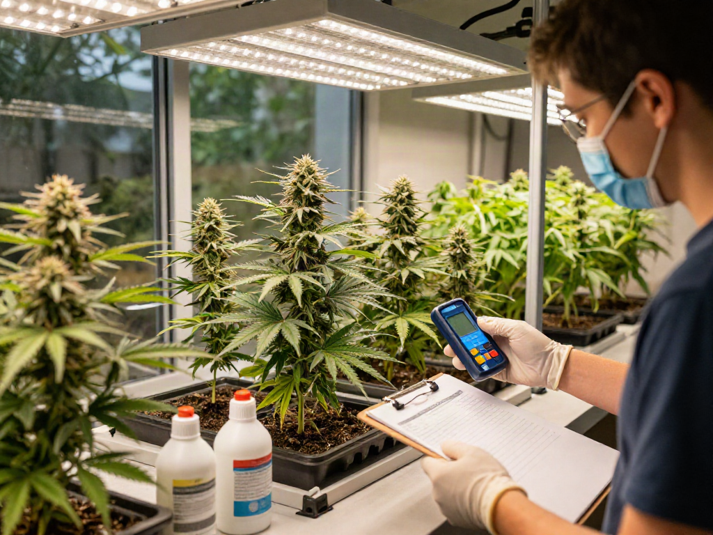 Grower inspecting triploid cannabis varieties in a modern indoor cultivation setup.