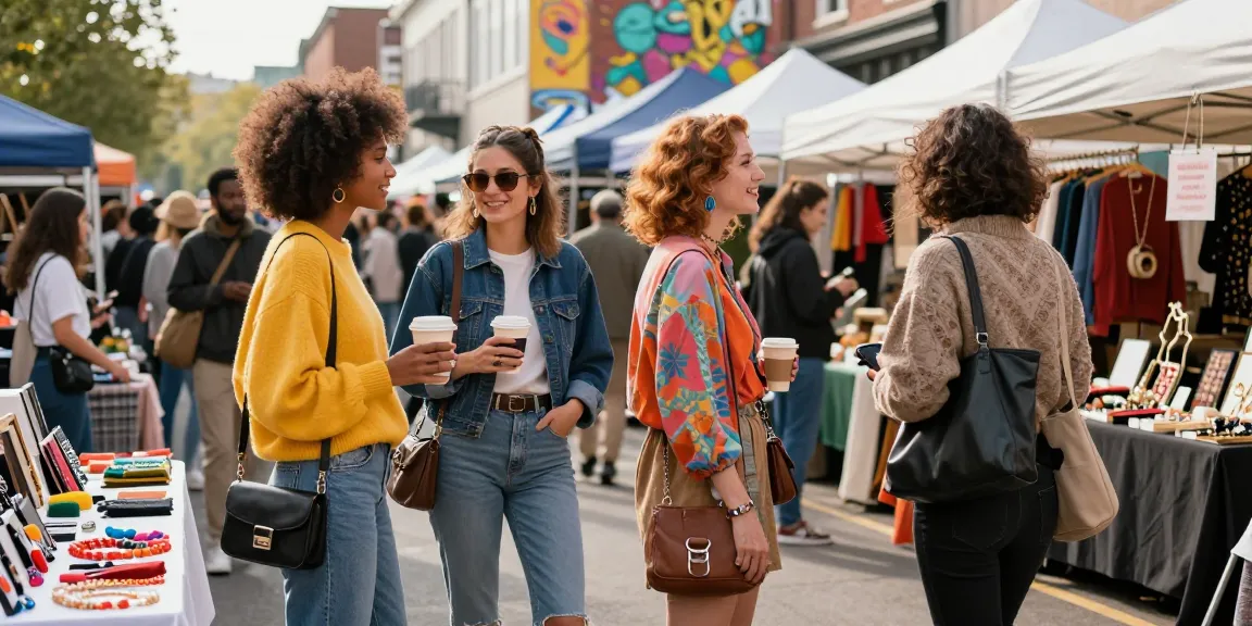 Fashionable shoppers showcasing trendy outfits from shs-dome5.com at a vibrant street market.