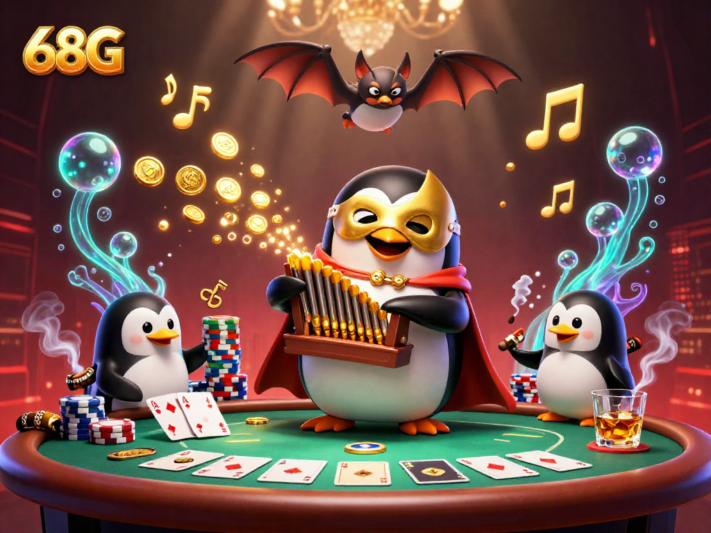 Ilustração 3D vibrante do 68G com personagens de cassino interagindo em uma cena dinâmica.