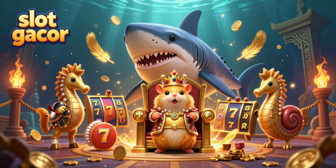 Menggali slot gacor dengan raja hamster emas dan penjaga kuda laut, latar belakang kasino.