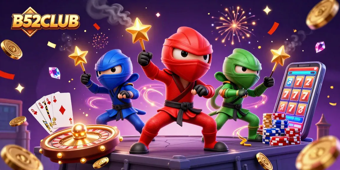 B52CLUB showcases a dynamic 3D illustration with chameleon ninjas and casino elements in a festive scene.