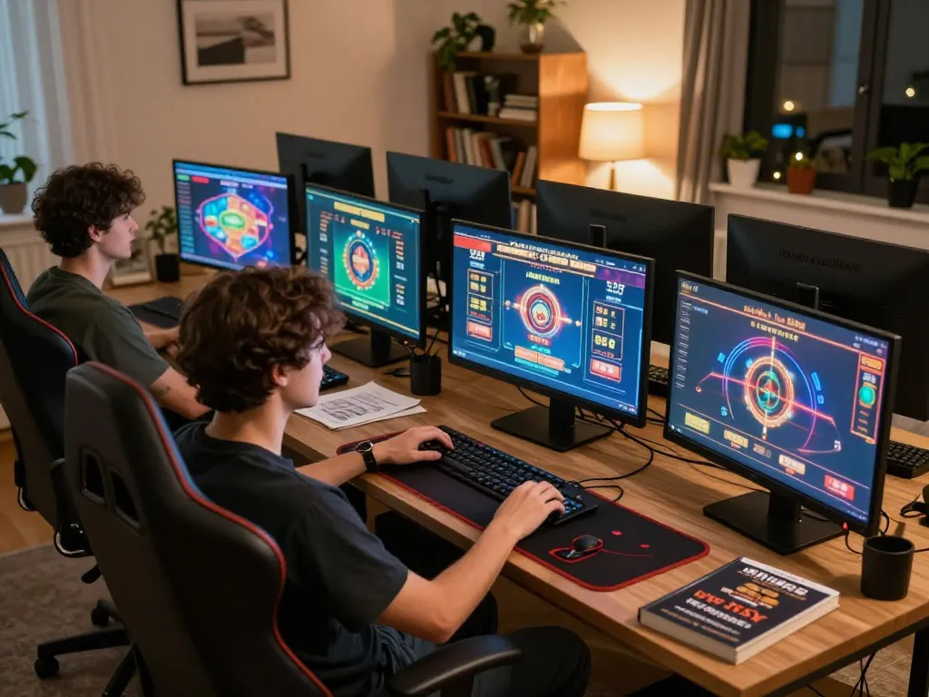 Engaging gameplay with dark web links visible on multiple screens in a cozy online gambling setup.