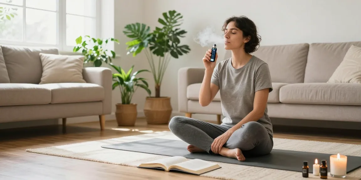 Enjoying a Packman vape for natural wellness in a serene living room.