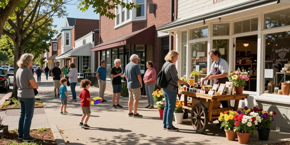 Neighborhood gathering at local shop promoting community spirit and engagement in urban setting.