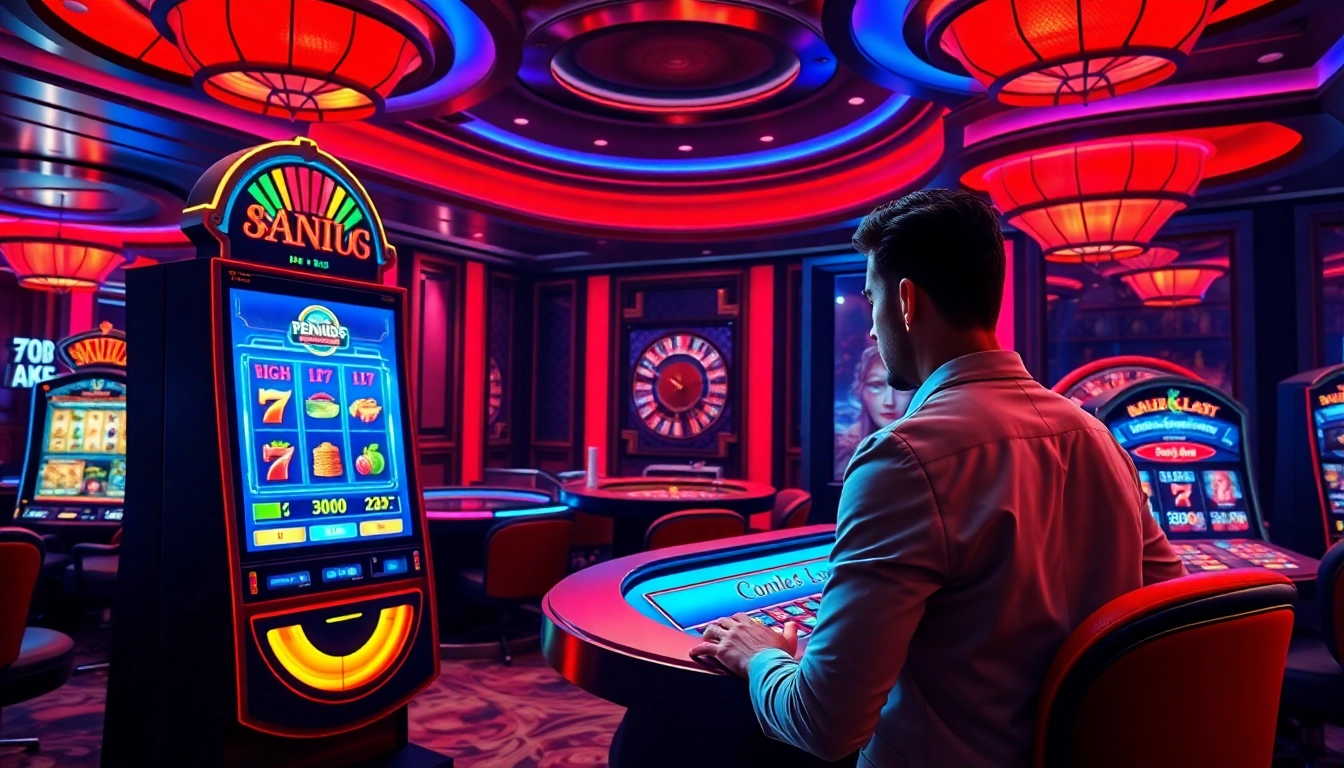 PEN4D login scene with vibrant slot machines and a roulette wheel, capturing the excitement of online gambling.