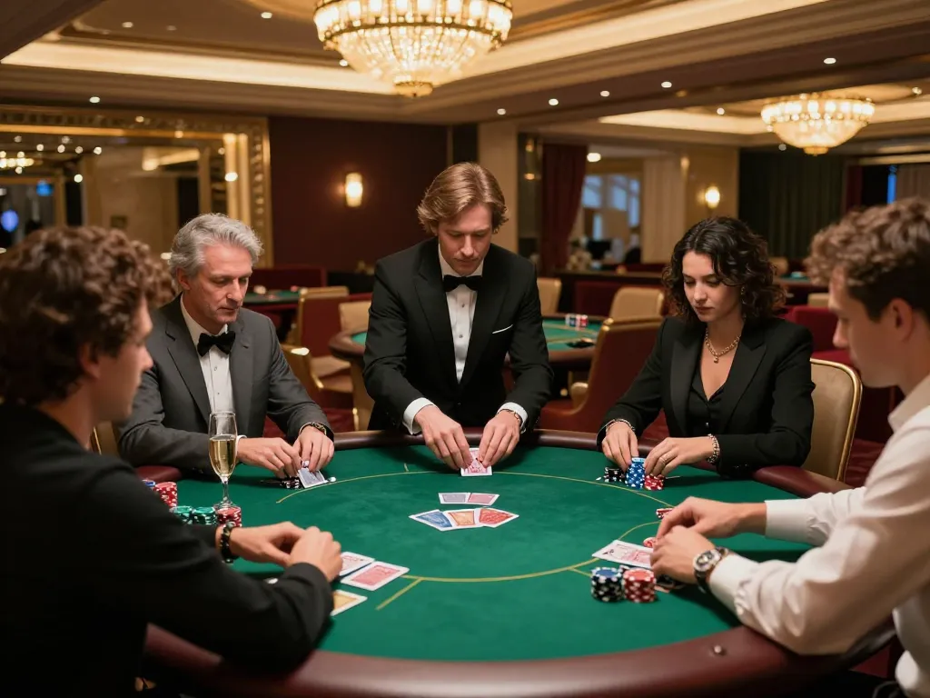 Deep-focus view of VIP poker table action at 388bet casino, emphasizing elite gaming atmosphere