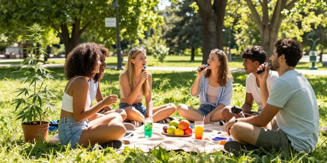 Muha meds vape pen featured in a relaxing outdoor park setting, surrounded by friends enjoying CBD drinks and fresh hemp plants.