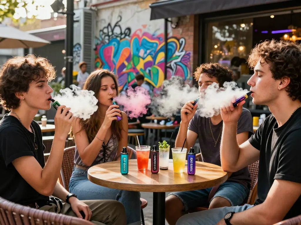 Group of friends enjoying the Geek Next 50000 disposable vape outdoors, showcasing vibrant flavors and social atmosphere.