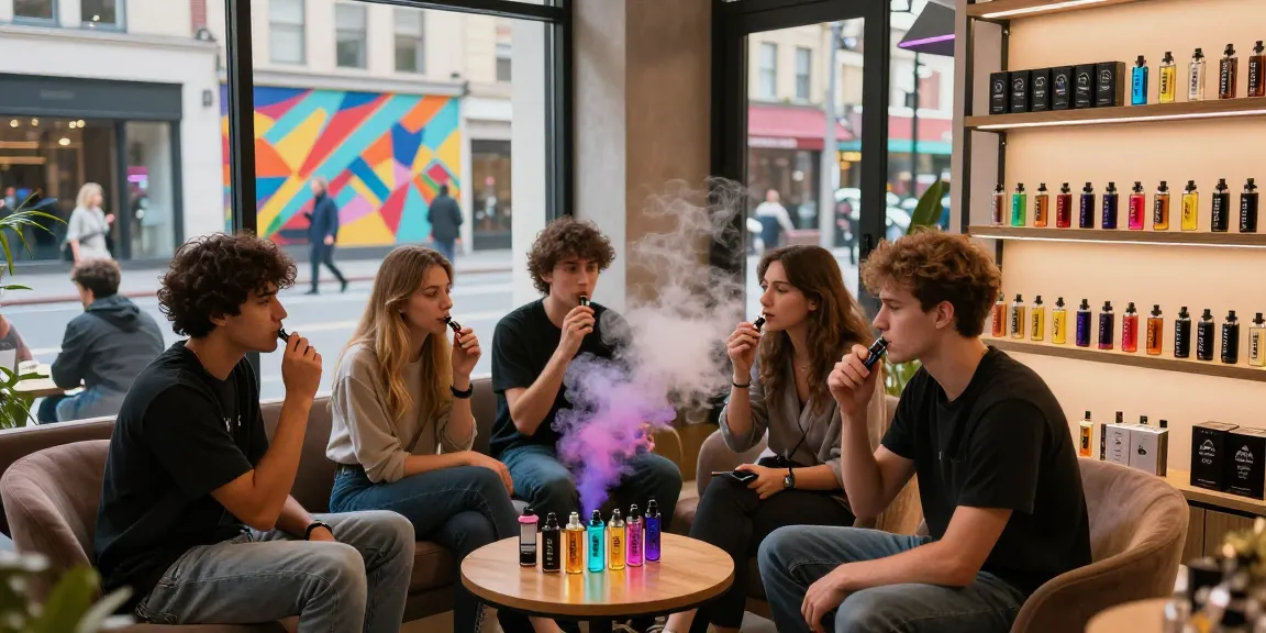 Al fakher Vape Produkte in einer einladenden Vape-Lounge mit fröhlichen Kunden.