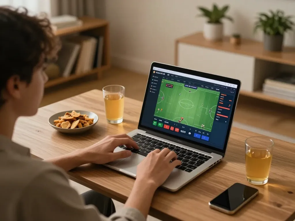Engaging in keo nha cai online sports betting, laptop displaying live odds in a cozy home setting.