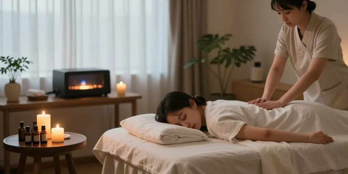 Serene massage room setup for Swedish therapy at makangs.com/region/국내/서울-/마사지-스웨디시 with soothing candles and calming plants.
