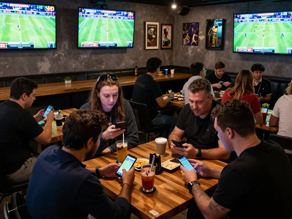 Kèo nhà cái hôm nay featured in a lively sports bar where patrons analyze games on mobile apps