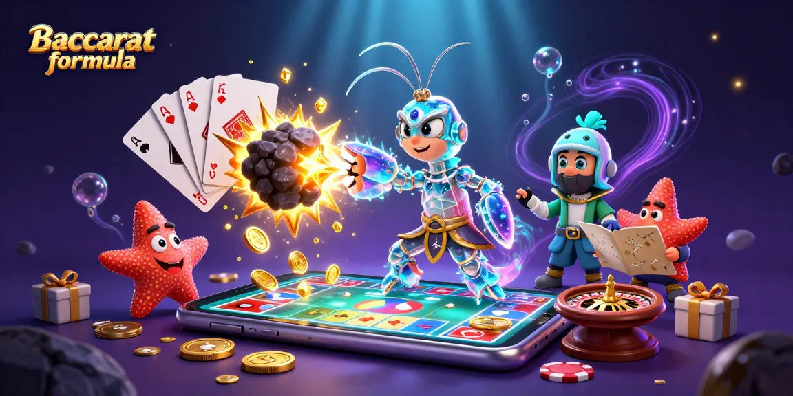 Engage with the Baccarat formula through a dynamic scene featuring baccarat gameplay elements, golden coins, and vibrant characters.