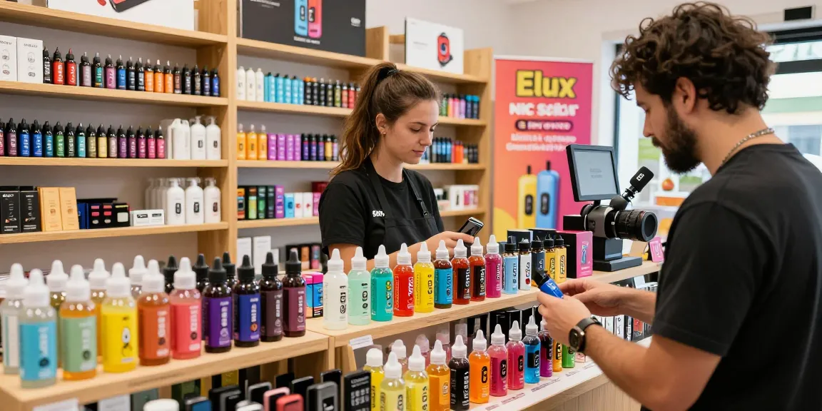 Customer exploring Elux nic salt flavors in a vibrant vape shop