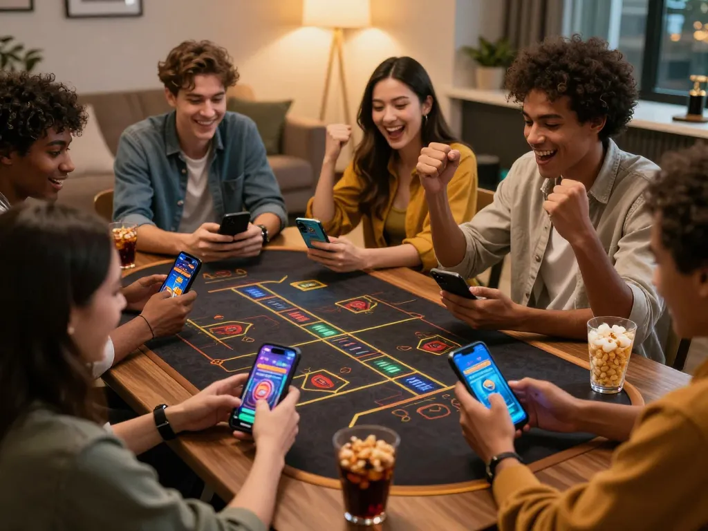 Experience thrilling online gambling with oli 4d as friends celebrate their wins in a modern home