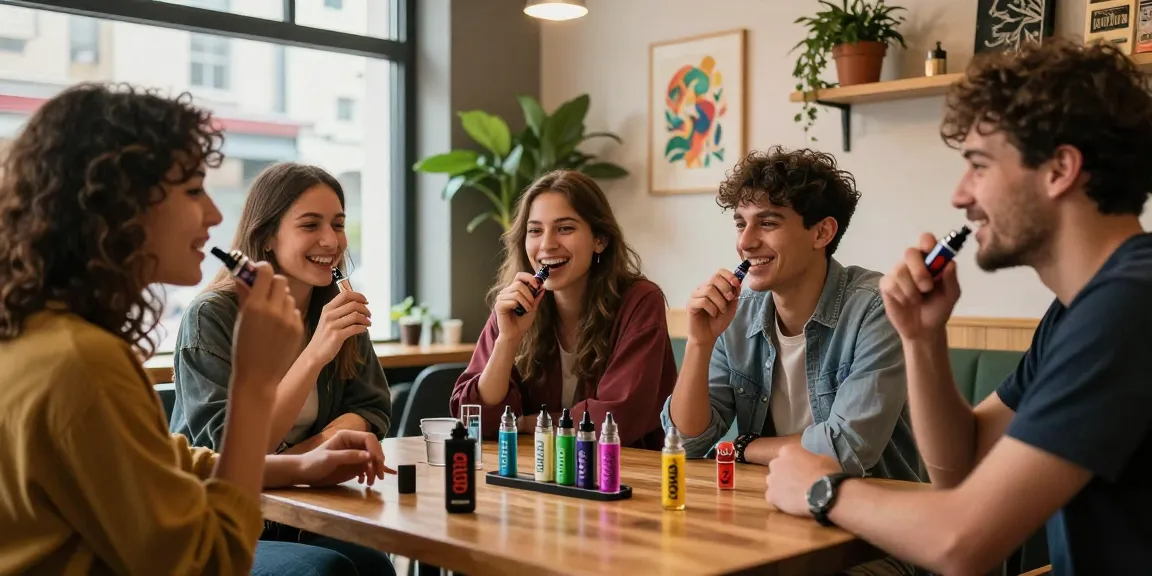 Freunde genießen THC Vapes Deutschland in einem einladenden Café mit stylischem Ambiente.