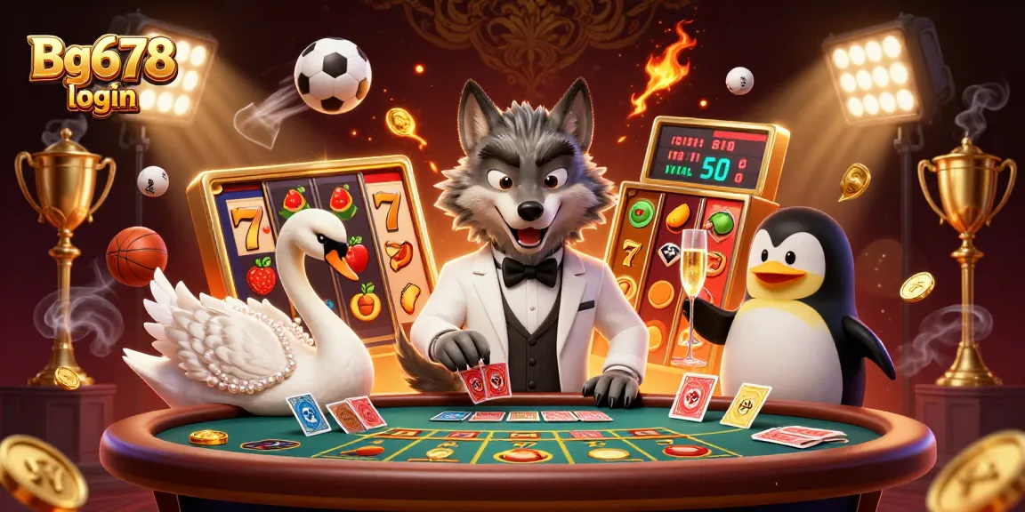 Engage with Bg678 login, featuring a debonair wolf and elegant swan in a vibrant casino illustration.