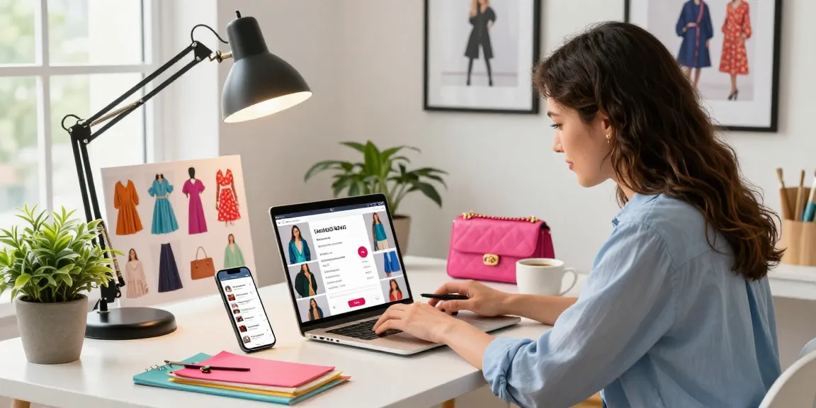 Engaging scene of online shopping for high-quality レ플리カ fashion items in a bright home office setting.